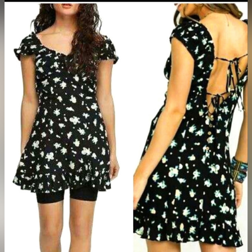 New! Free People Fruit Print Black Mini Dress Tie Open Back